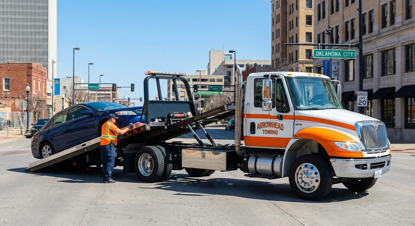 Flatbed tow truck loading a car in Oklahoma