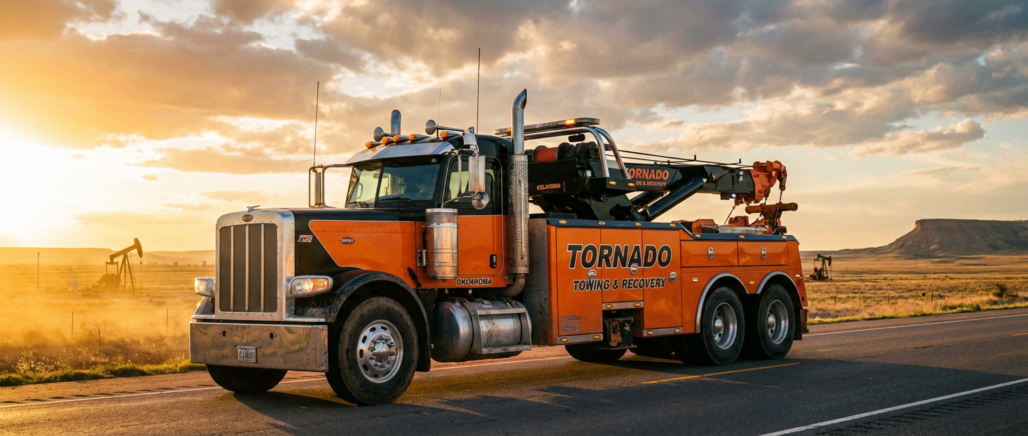 Heavy-duty tow truck on an Oklahoma highway at sunset
